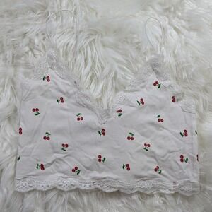 Y2K Cherry Print Lace‎ Cropped Summer Camisole Top in White *See Measurements